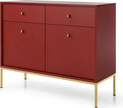 Image de Buffet 2 portes Monti - Commode avec tiroirs, salon, pieds métal 18 cm, commode 100 cm (rouge + or)