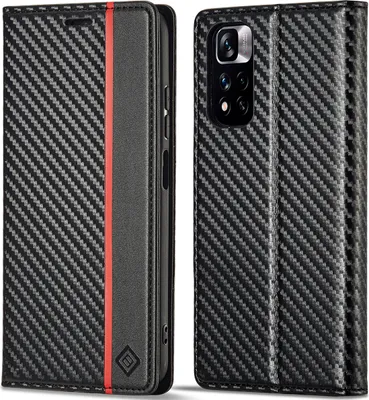 Produktbild von Hülle für Xiaomi Redmi Note 12 Pro 4G Kohlefaser Leder Brieftasche Schutzhülle mit Standfunktion Schwarz Vertikale Rot