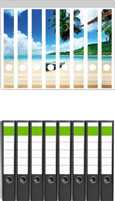 Produktbild von Wallario 8 Stück schmale Ordner inkl. Klebeetiketten mit Motive Urlaub am Palmenstrand unter Palmen mit Fischerboot -  Set mit Rückenschildern / Ordnerrücken Stickern
