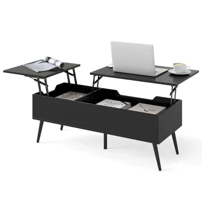 Zdjęcie produktu dla Stolik kawowy COSTWAY z podnoszonym blatem, stolik środkowy z 2 ukrytymi schowkami, stolik roboczy z metalowymi nogami 111*48*40-53,5 cm, czarny