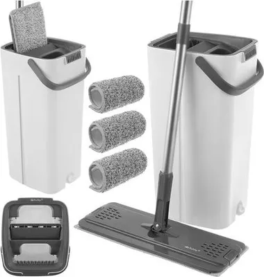 Zdjęcie produktu dla Mop płaski z dwukomorowym wiadrem o pojemności 8,5 l i 3 nakładkami