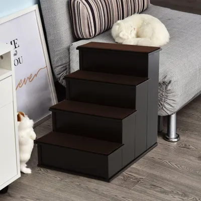 Zdjęcie produktu dla Schodki dla zwierząt domowych z wykładziną – 4 stopnie | Kolor: brązowy | Wymiary: 59x40x54,2 cm