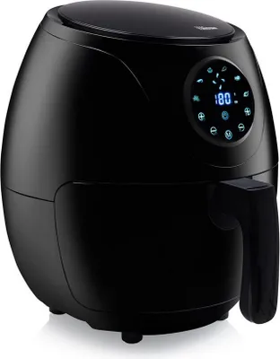 A black air fryer is shown from a three-quarter angle against a white background.