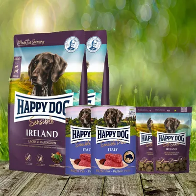 Produktbild von Happy Dog Sensible Ireland 2 x 12,5 kg + Happy Dog Soft Snack Ireland 2 x 100g + 2 x Happy Dog Sensible Pure Italy 2 x 400 g