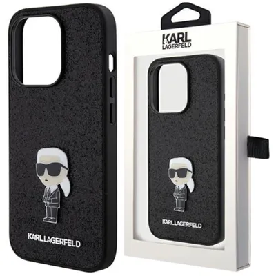 Produktbild von Karl Lagerfeld Fixed Glitter Ikonik Logo Metal Pin Hülle für iPhone 15  Schwarz Handyhülle