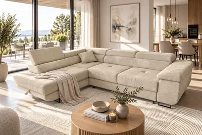 Produktbild von KSHOMECONCEPT Ecksofa GUSTAW L links, Cord, Beige, mit Schlaffunktion und Bettkasten, KI-generiertes Bild