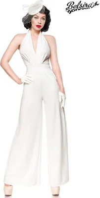 Produktbild von Belsira Damen eleganter Overall Neckholder-Jumpsuit Einteiler mit weitem Bein, Größe:L, Farbe:Weiß