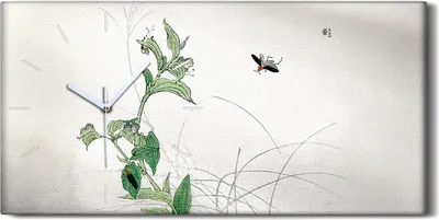 Produktbild von Wanduhr Uhr Wandbild Leinwand 60x30 Malerei Asiatische Blüten Blätter Insekten - weiße Hände