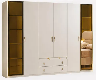 Obrázok produktu pre Design Schlafzimmer Set Weiß Holz Metall Schrank Bett Nachtkonsole