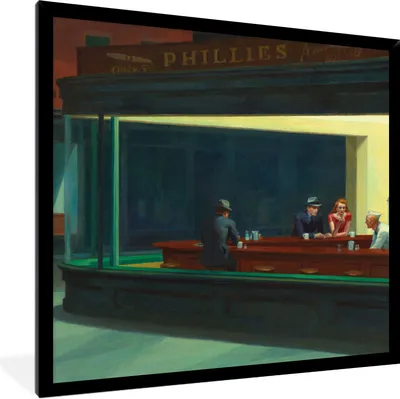 Produktbild von MuchoWow® Gerahmtes Poster Nighthawks - Edward Hopper 40x40 cm - Poster mit Schwarzem Bilderrahmen Wandposter Rahmen Foto Bilder - Mit Rahmen - Wanddekoration Schlafzimmer