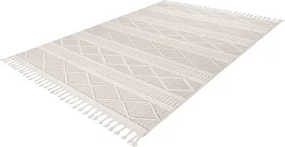 Produktbild von Lalee Tunis Flachwebteppich Böhmischer Teppich Hoch- und Niederflor 3d mit großen Fransen Zeitlos 200x290cm Elfenbein Off White