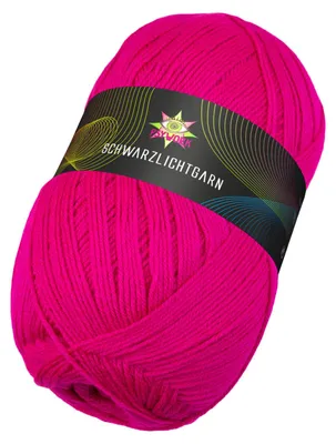 A ball of neon pink yarn with a black label.