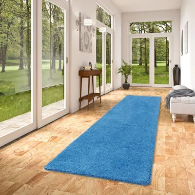 Produktbild von Hochflor Shaggy Läufer Teppich Palace Blau, Größe:80x400 cm