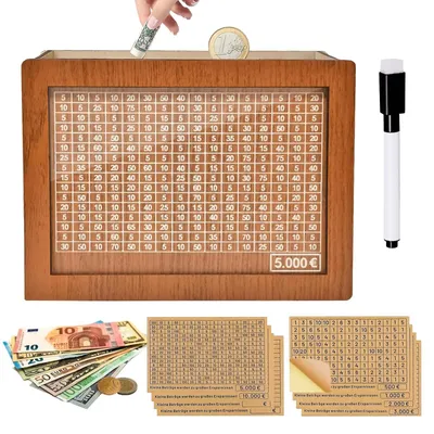 Produktbild von Spardose aus Holz mit Zähler und Kreuzen zum Sparen von bis zu 5.000 €.