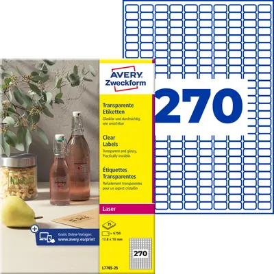 Produktbild von Avery Zweckform L7785-25, Transparente Etiketten, A4, 17,8 x 10 mm, 6.750 Etiketten / 25 Bögen, transparent