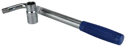 A chrome-plated socket wrench with a blue rubber grip on a white background.
