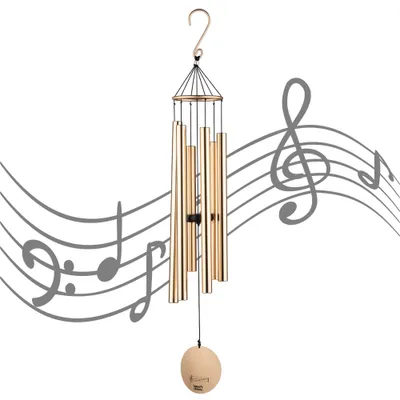 Image de Mobile à vent avec 6 tubes dorés et crochets, idéal pour le jardin ou la maison, dimensions : 75 cm