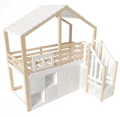 Obrázok produktu pre Detská postieľka – poschodová posteľ v tvare domu – 90 x 200 cm – s oknami – s úložným priestorom – s bočnicami – bez matraca – biela