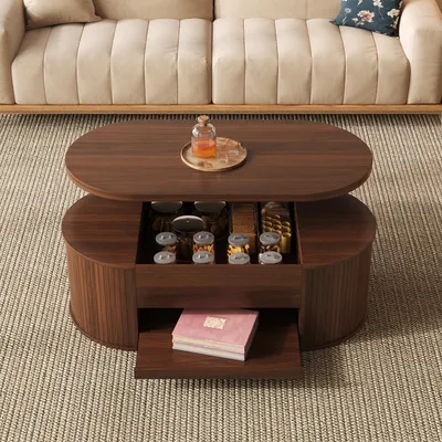 Image de OKWISH Table basse - avec Plateau Relevable et Étagère Coulissante, Design Arrondi pour Salon en MDF - 110 x 55,5 x 40 cm - Noyer