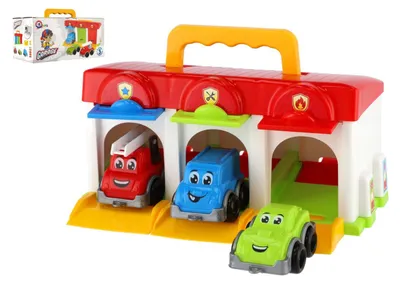 Produktbild von Garage mit 3 Spielzeugautos + Zubehör aus Kunststoff in einer Schachtel (27 x 14 x 15 cm)