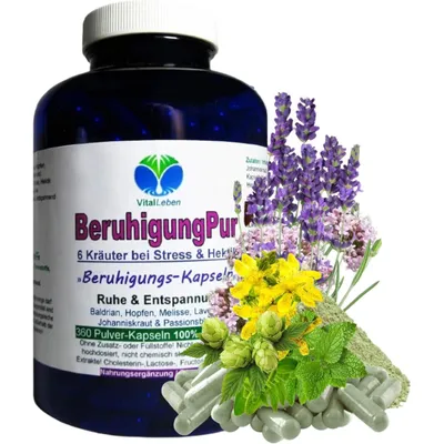 Produktbild von BERUHIGUNG Pur 6 beruhigende Kräuter 360 Kapseln Baldrian Hopfen Melisse Lavendel Johanniskraut Passionsblume - Ruhe & Entspannung NATUR pur