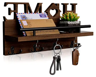 Produktbild von Schlüsselbrett - Wandhalterung für Schlüssel mit Ablage, Holz Schlüsselorganizer mit 7 Haken, rustikaler Wandorganizer