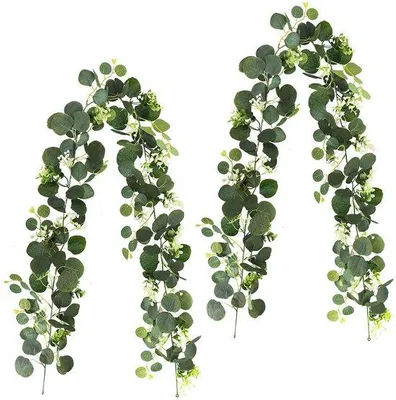 Produktbild von 2 Stück Eucalyptus-Halme, kunstliche Blumen-Girlande, 1,8 m lange Hänge-Girlande, grüne Dekorations-Girlande, für Hochzeitsbögen, Hintergrund-Girlanden, Gärten, Balkone