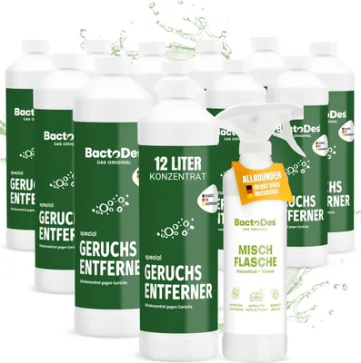 Produktbild von BactoDes Spezial Geruchsentferner 12 L I Enzymreiniger mit biologischer Mikrobenkraft & Tiefenwirkung inkl. Spray-Mischflasche I Effektiver Geruchsneutralisierer für Haus, Auto & Textilien