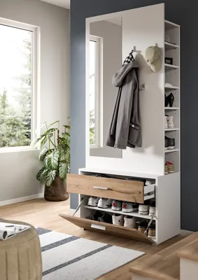 Produktbild von Kompaktgarderobe >Polo< Schublade + Klappe, weiß / nox oak / Spiegel - 80x190x38cm (BxHxT)