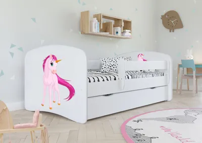 Produktbild von Kinderbett Jugendbett 80x180 cm Weiß mit Matratze Rausfallschutz Schublade und Lattenrost Kinderbetten für Mädchen und Junge - Einhorn_2