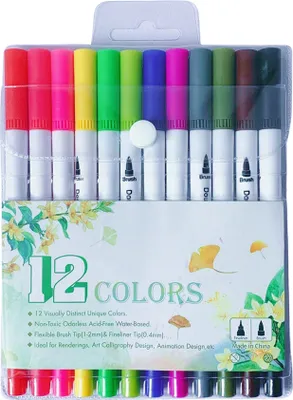 Image de 12 couleurs de crayons de peinture à l'eau à deux pointes, set de pinceaux de peinture à la fibre