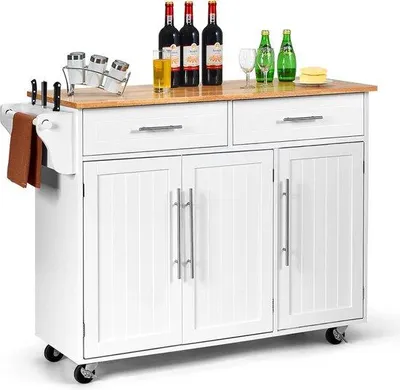 Image de Chariot de cuisine en bois, chariot de service en bois, chariot de cuisine avec plateau, chariot de cuisine en bois, buffet de cuisine en bois, chariot de cuisine en bois avec plateau (blanc)