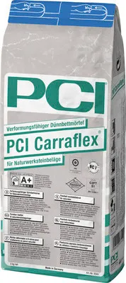 Produktbild von PCI Carraflex® verformungsfähiger Dünnbettmörtel für Naturwerksteinbeläge weiß C2FTE-S1 5 kg