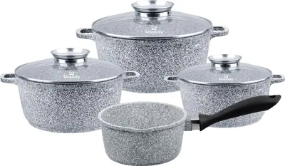 Produktbild von Topf-Set 8-tlg Steintopfset in 3 verschiedenen Größen mit Stielkasserolle, 1.3L / 1.4L / 2.4L / 4.3L, perfekte Geschenkidee