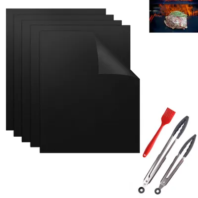 Produktbild von 5 Stück BBQ-Grillmatte - mit Ölpinsel und Grillzange - Antihaft - 40 x 33 cm - Backofenmatte - für Küche, Outdoor, Grillwerkzeug