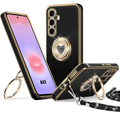 Image de Coque pour Samsung Galaxy A37 5G, Silicone Souple avec Anneau Motif Coeur et Cordon - Noir