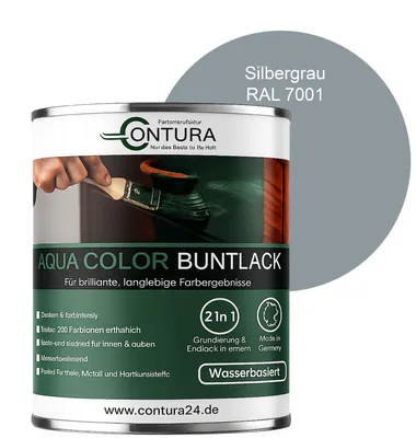 Produktbild von Contura 750ml. Buntlack Lackfarbe Lack Außen Innen Holz Metall Farbe Holzlack Möbellack - Seidenmatt - RAL 7001 Silbergrau
