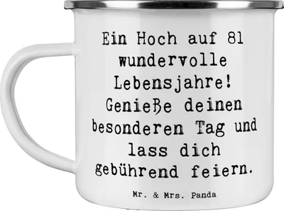 Produktbild von Mr. & Mrs. Panda Pott Spruch 81. Geburtstag - Weiß - Geschenk, Emaille Becher, Jubiläum, Herzlichen Glückwunsch, Geburtstagsgeschenk, Blechtasse, besondere Tag, Teetasse