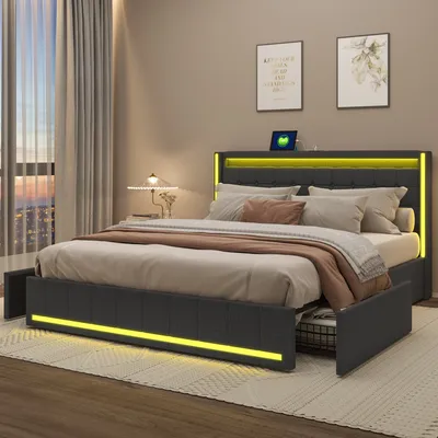 Produktbild von Fortuna Lai Polsterbett LED, mit Aufladen USB Ladefunktion Kopfteil und 4 Schubladen,Doppelbett 160x200cm Stauraumbetten Bettgestell, Lattenrost aus Holz, Dunkelgrau