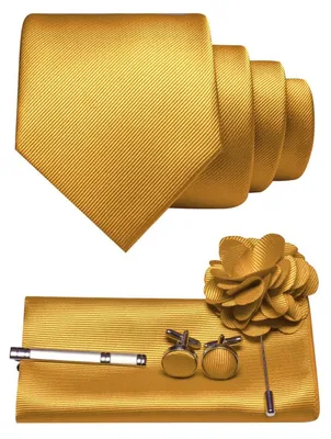 Produktbild von Herren Krawatten-Set Twill einfarbig Gelb mit Pocket Square, Manschettenknöpfen, Krawattenklemme, Brosche