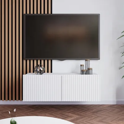 Produktbild von BEAUTYSOFA | TV-Schrank KAVELL 100 cm geriffelte Fronten, hängend/stehend, Fernseherschrank mit 2 Türen, Weiß