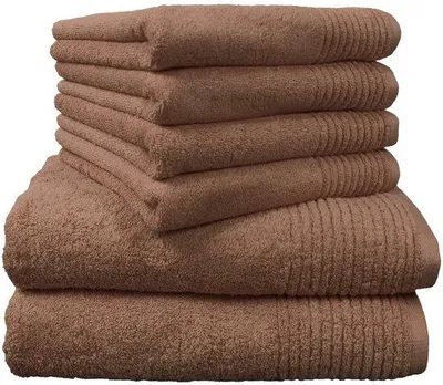 Zdjęcie produktu dla Zestaw 6 ręczników Unyqoos® wykonanych z wysokiej jakości bawełny – 2 duże ręczniki kąpielowe + 2 ręczniki do rąk, kolor brązowy, miękkie i dobrze chłonące, idealne do łazienki