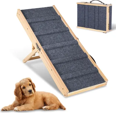 Produktbild von Jayseuw Hunderampe Klappbar aus Holz, Haustierrampe 4 Stufen Verstellbar 19,5 cm bis 41 cm, Tierrampe mit Rutschfester 5 Pfoten-Traktionsmatte