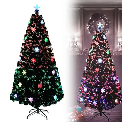 A split image showing a decorative LED Christmas tree on a white background on the left, and the same tree decorated in a room setting on the right.