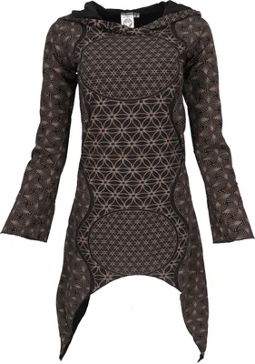 Produktbild von Ethno Pixi Minikleid, Bedrucktes Goakleid Langarm - Schwarz/braun, Damen, Baumwolle, Größe: M
