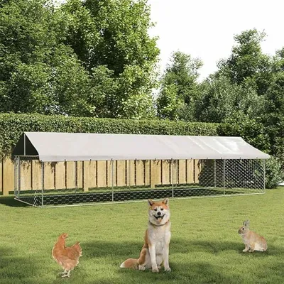 Produktbild von Outdoor-Hundezwinger aus verzinktem Stahl mit Dach, 600x200x150 cm, großer Hunde-Auslauf mit Tür, sicherer Freigehege für Welpe und Hund, wetterfester Schutz für Garten und Camping