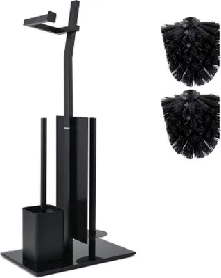 Image de Porte-brosse de toilettes en acier inoxydable avec socle en verre - noir - installation sans perçage - 32 x 20 x 70 cm - 2 brosses de toilettes interchangeables incluses