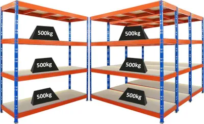 Produktbild von Mega Deal | 4x Profi Schwerlastregal Rhino | HxBxT 200x200x60cm | 4 Spanplatten-Ebenen 16mm | Fachlast 500kg | Blau-Orange