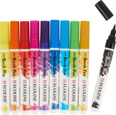 Produktbild von Talens Ecoline, 10 Stück(e), Schwarz, Blau, Grün, Magenta, Orange, Rot, Gelb, Mehrfarbig, Rund, Tinte auf Wasserbasis, Sichtverpackung
