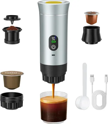 Produktbild von Tragbare elektrische Espressomaschine - Kompatibel mit Kapseln & Kaffeepulver - Schnellaufheizung - Integrierter Akku - Für Auto, Reise & Outdoor - Silber